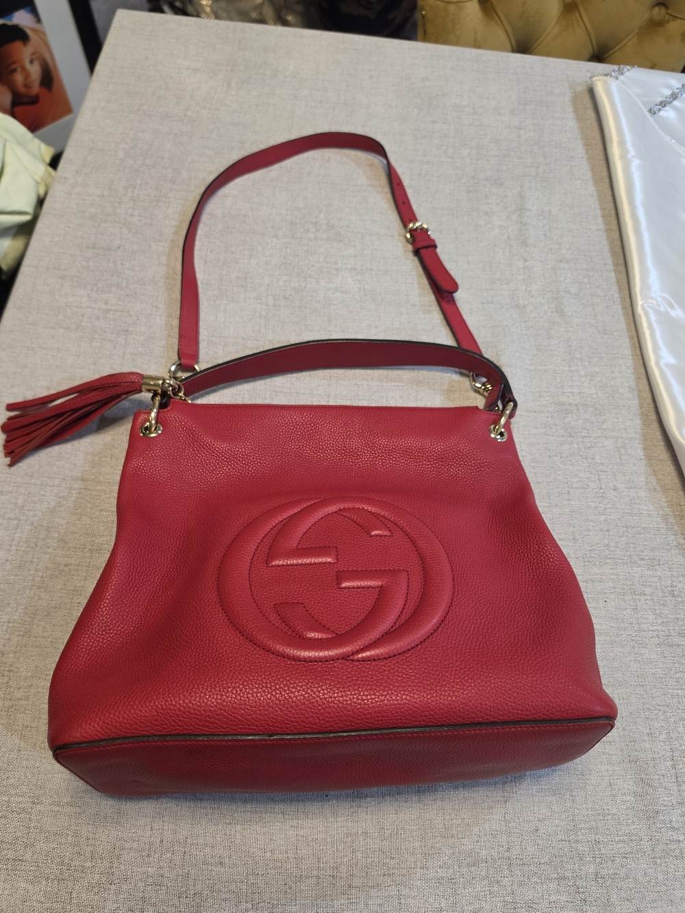 Gucci Soho Pebbled Leather Shoulder Bag in Red
